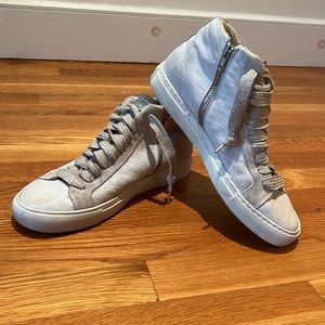 P448 | Winter White and Embossed Leather High Top Sneakers with Glittery Laces